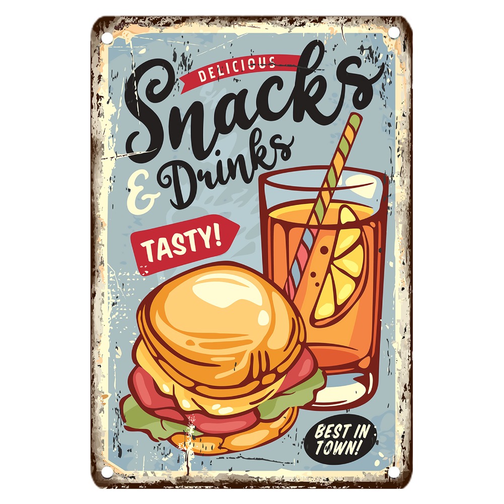 Food Snacks Drinks - Placa de metal de comida vintage,